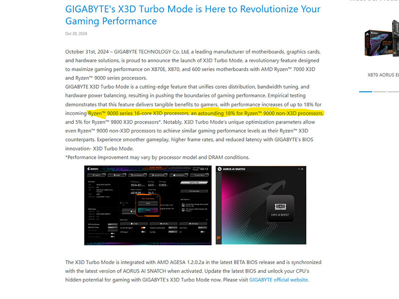 Los AMD Ryzen 9000X3D con Turbo X3D ofrecen hasta un 18% más de rendimiento filtracion de Gigabyte