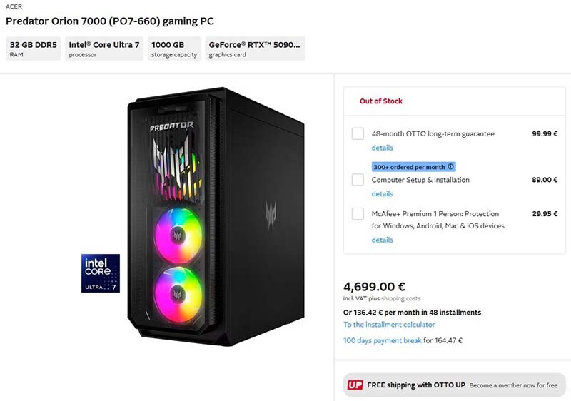Acer Predator Orion 7000 con RTX 5090 se filtra con precios desorbitados