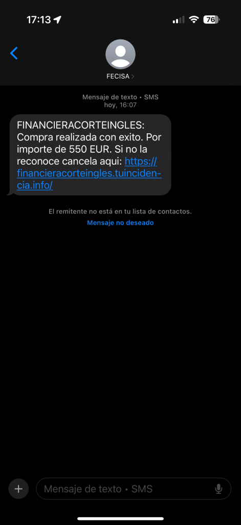 SMS falso emitido como si fuera El Corte Inglés para robar tu dinero