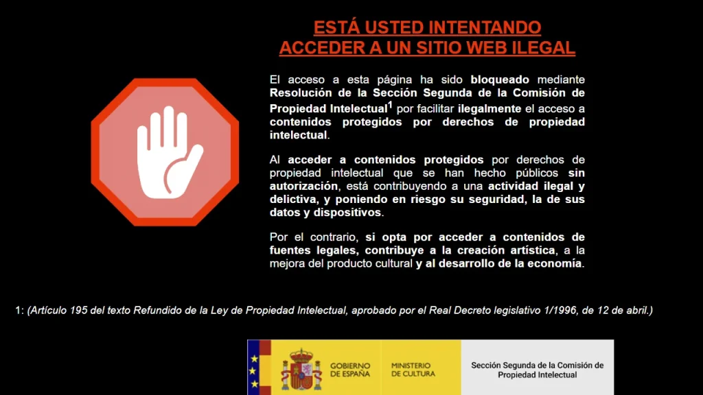El Ministerio de Cultura refuerza el bloqueo de webs ilegales con una pantalla oficial de advertencia