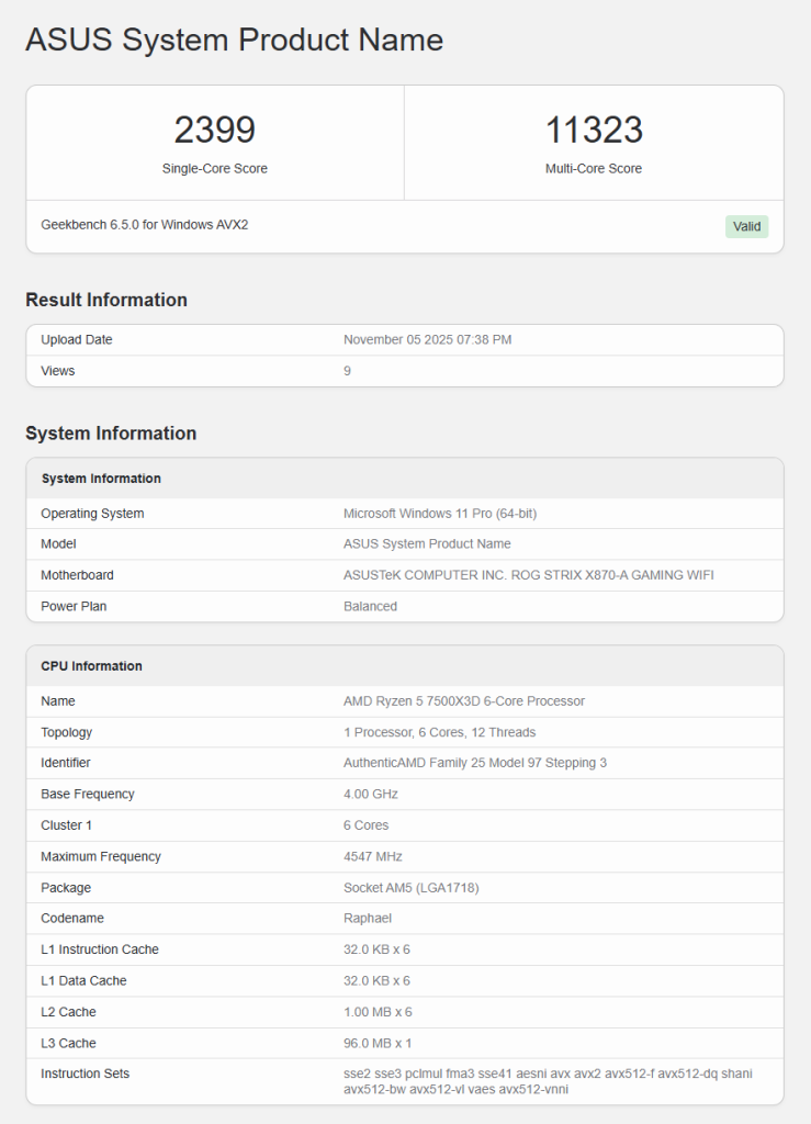Pruebas en geekbench del AMD Ryzen 5 7500X3D