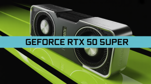 Ultra-detailed 16:9 artwork of a futuristic high-end GPU, black matte body with metallic silver edges, dual large front grills, premium industrial design, strong NVIDIA-inspired aesthetic but not an actual NVIDIA model, placed over a dynamic neon green wave abstract background, smooth glossy reflections, cinematic lighting. Add a wide horizontal cyan banner across the center with bold black text that says “GEFORCE RTX 50 SUPER”. High contrast, sharp focus, next-gen hardware mood, product hero shot composition.