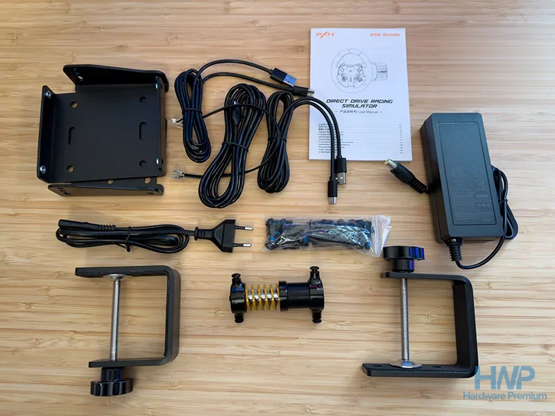 Accesorios incluidos con el PXN VD6: fuente de alimentación, cables, dos abrazaderas, soporte y módulo de muelle del freno