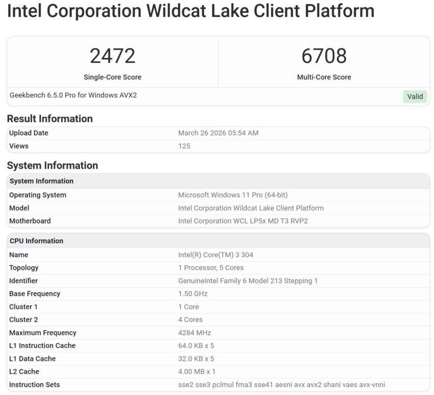 Intel deja ver el Core 3 304 y su extraño diseño de 5 núcleos en Geekbench - imagen 1