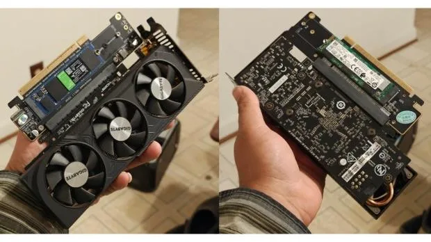 This PCIe adapter that adds M.2 SSDs to GPUs connected to the PCIe x16 slot on a motherboard, image credit: thepromiseman/Reddit