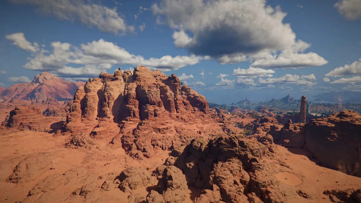 A detailed desert landscape from the game'Crimson Desert' showing rocky formations under a partly cloudy sky.