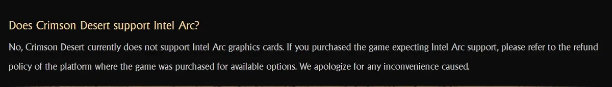 A message states that Crimson Desert does not support Intel Arc graphics cards and advises players to check refund policies if purchased expecting support.