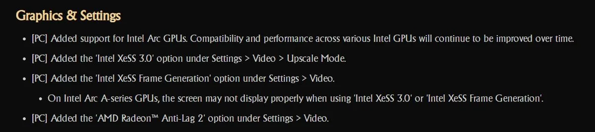 A list titled Graphics & Settings details updates for PC, including added support for Intel Arc GPUs,'Intel XeSS 3.0' and'Intel XeSS Frame Generation' options, and'AMD Radeon Anti-Lag 2'.