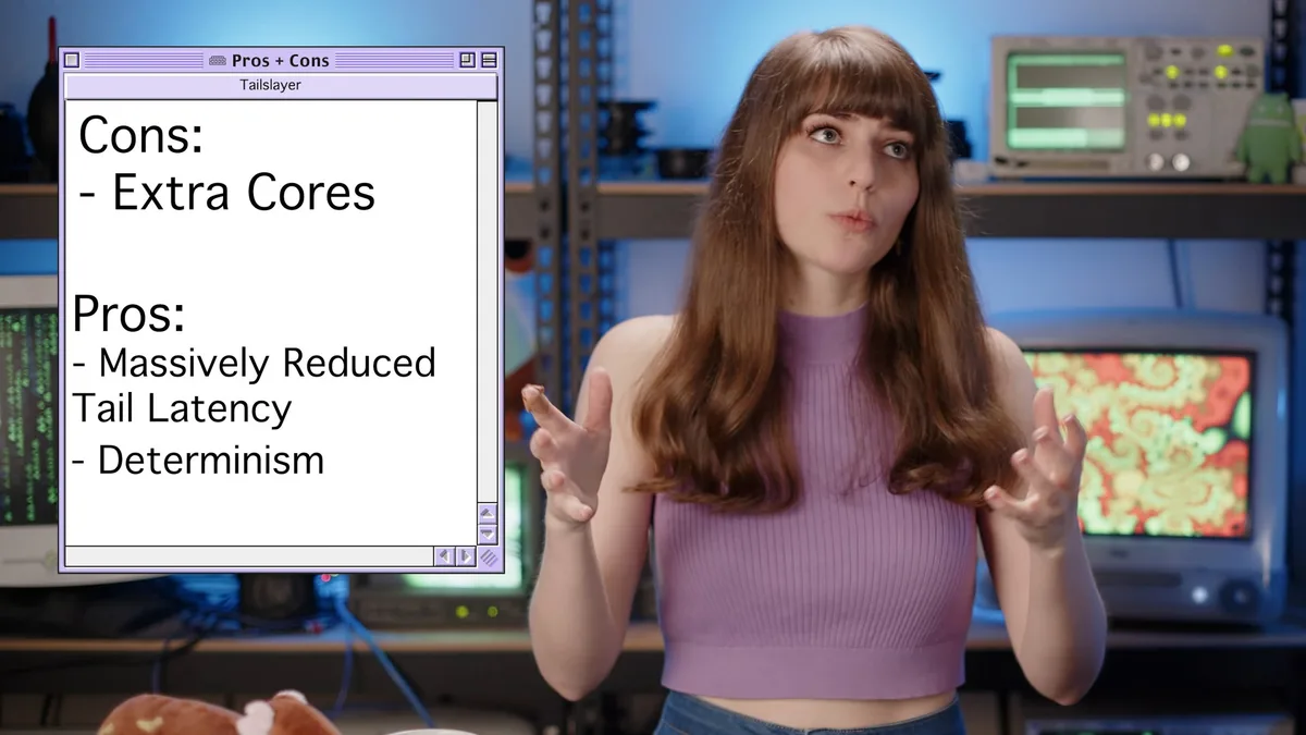 A screenshot from LaurieWired's TailSlayer video where she goes over the pros and cons of the technique.