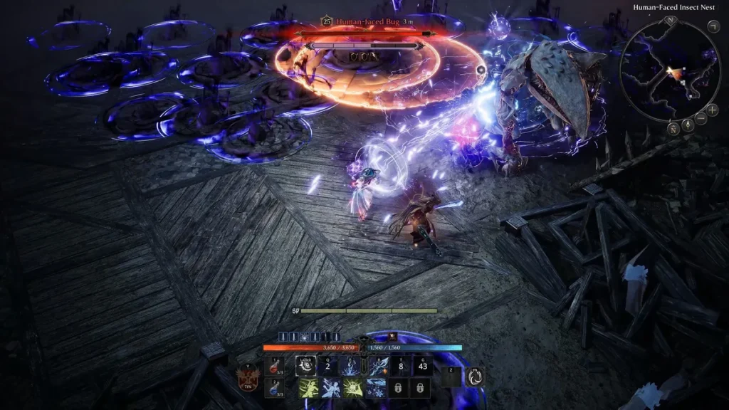 A battle scene in the game Throne and Liberty shows characters fighting a 'Human-faced Bug' with health stats and abilities displayed on-screen.