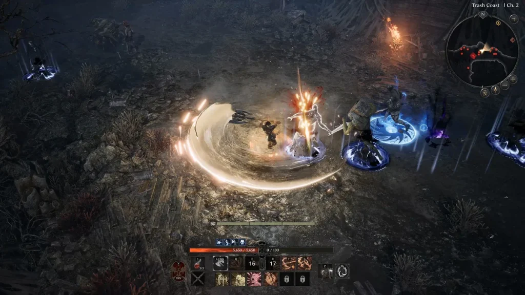 A character in 'Diablo IV' performs a spinning attack against enemies on Trash Coast, Chapter 2, with health and skill icons visible on the interface.