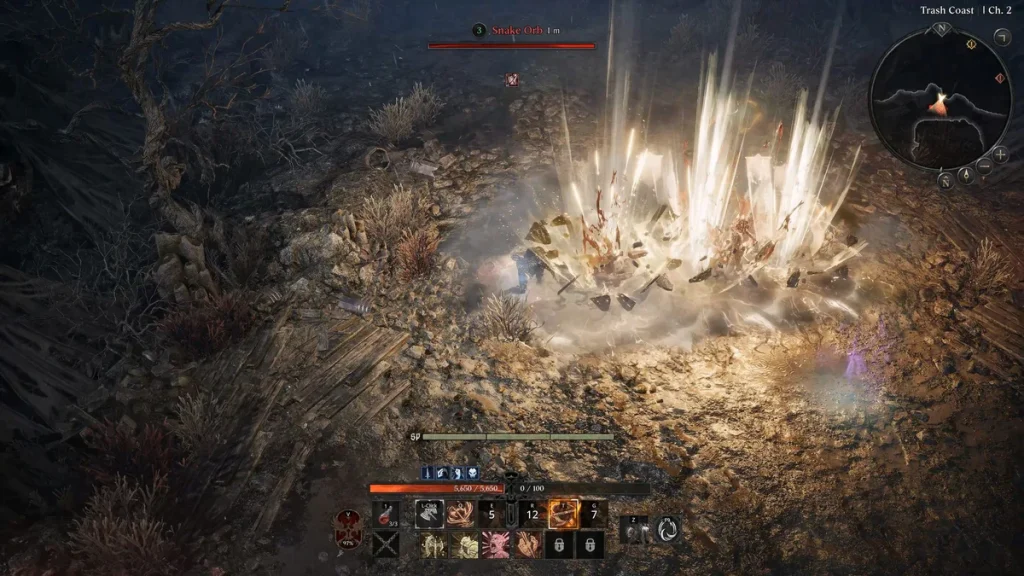 A character in the game Embers of the Uncrowned casts a spell, causing a large explosion, with a health bar labeled 'Snake Orb' at the top.