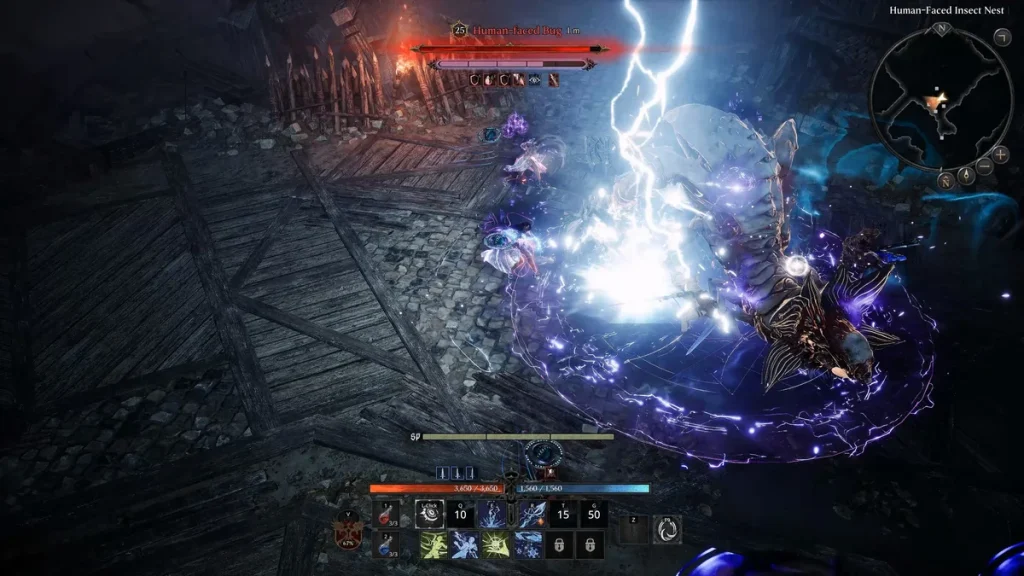 A character in the game 'Diablo IV' is casting a lightning spell against a level 25 'Human-faced Bug' in the area labeled as 'Human-Faced Insect Nest.'