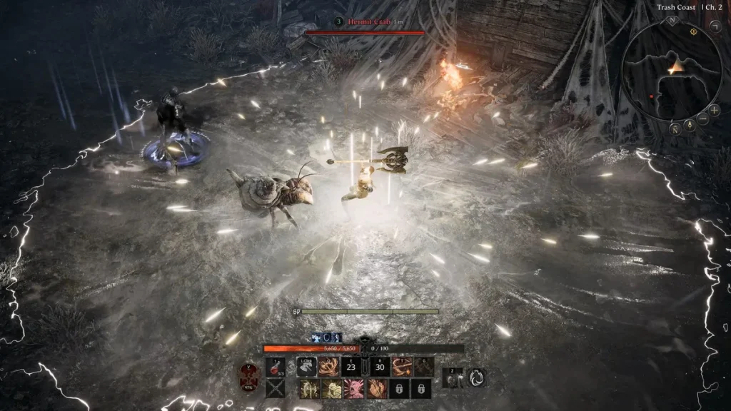 A character in the game Embers of the Uncrowned uses an ability against a Hermit Crab enemy on a dark, rocky setting, with ability icons and health bar visible at the bottom of the screen.