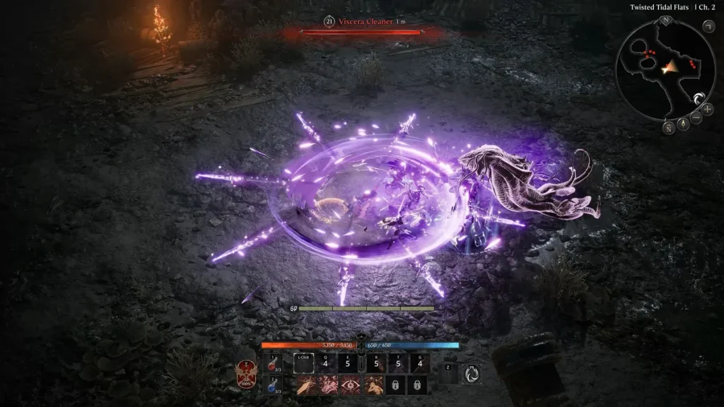 A character in Throne and Liberty uses a purple energy attack against a creature named 'Viscera Cleaner' in a nighttime setting, with a visible action bar showing various abilities at the bottom of the screen.