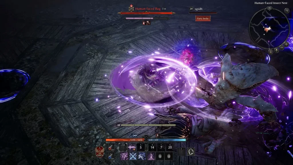 A character in a video game battles a 'Human-faced Bug' using purple energy attacks, with a user interface showing health and skill slots.