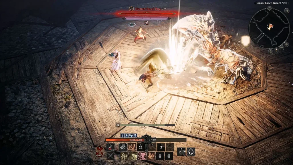 Characters in the game 'Throne and Liberty' battle a 'Human-faced Bug' in an arena-like setting, with health bars and action icons visible on the screen.