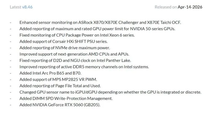 A software update log for version'v8.46' released on'Apr-14-2026' details enhancements for ASRock X870/X870E Challenger and X870E Taichi OCF, added support for NVIDIA GeForce RTX 5060 (GB205), and various other hardware improvements.
