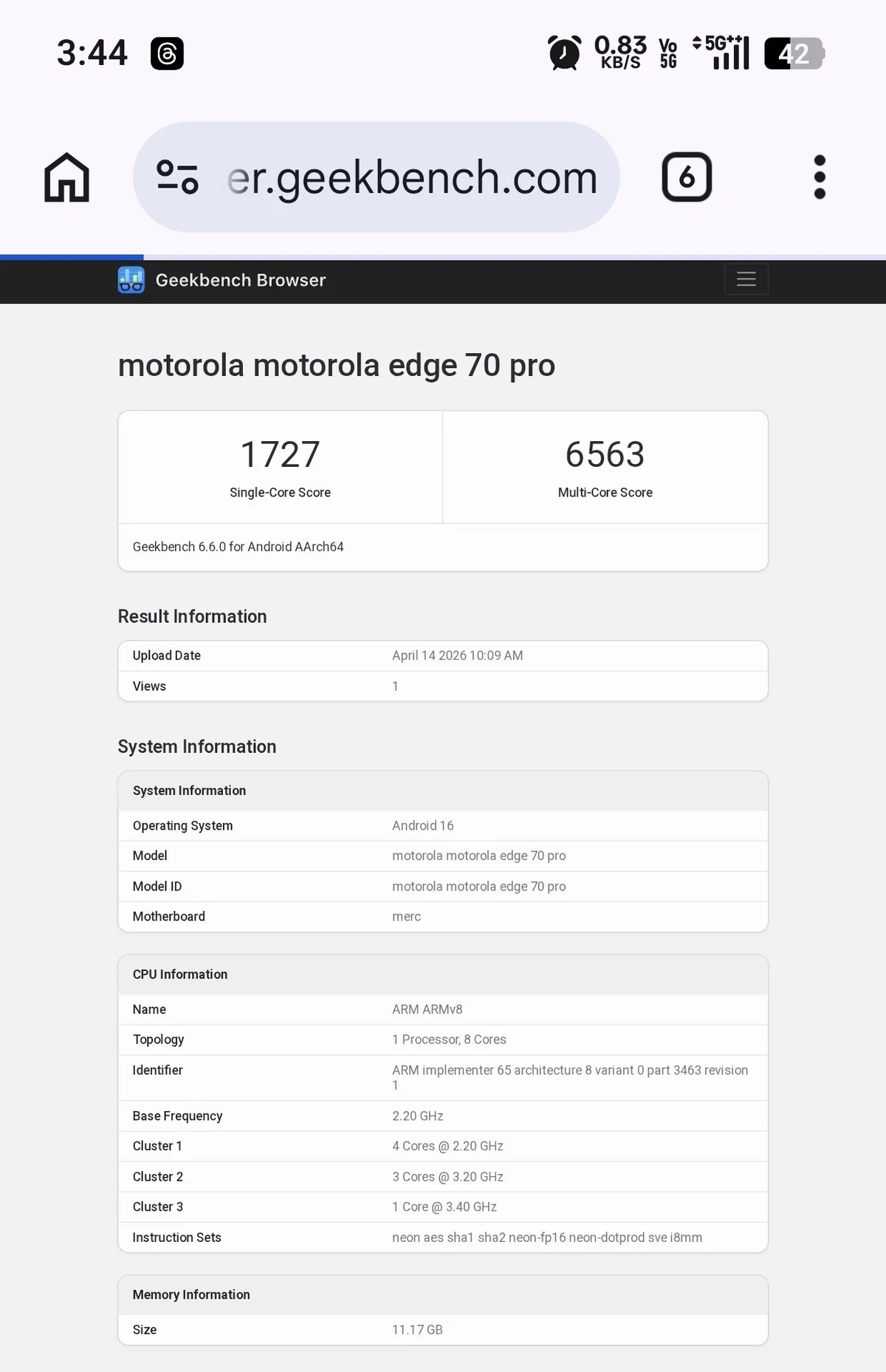 motorola edge 70 pro geekbench dimensity imagen 1