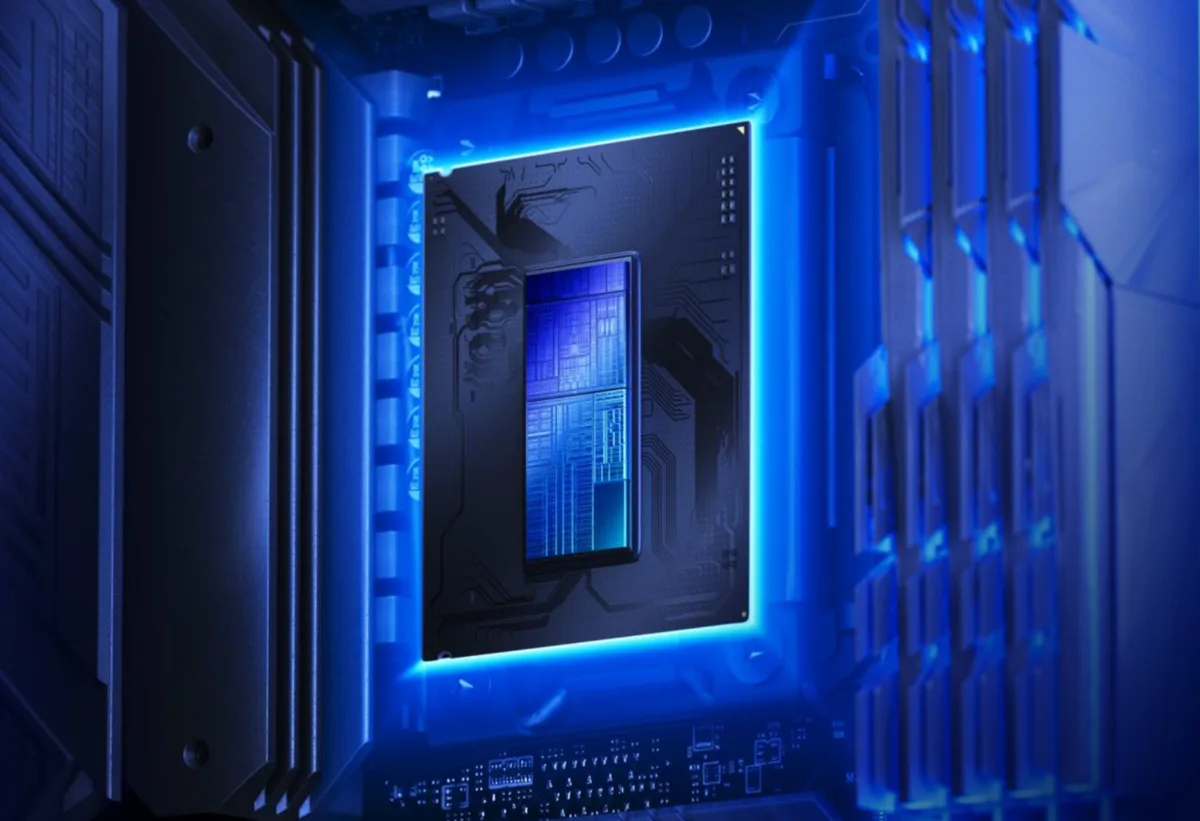 A close-up of an Intel Core Ultra processor embedded in a motherboard with blue lighting.