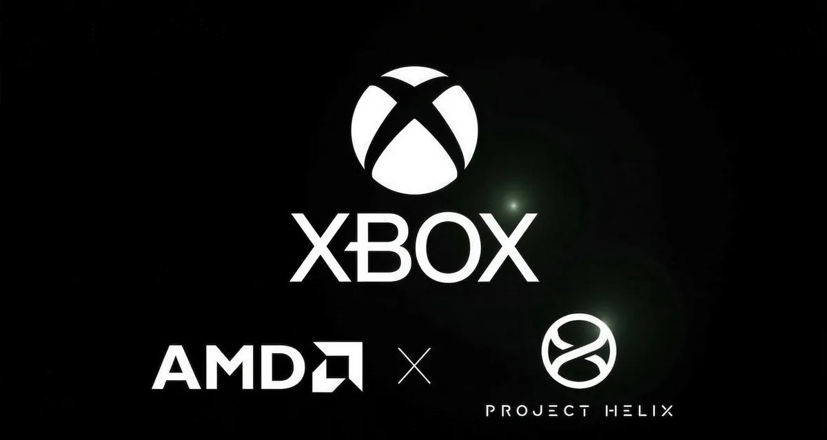 The image shows Xbox, AMD, and Project Helix logos with an AMD x Project Helix collaboration theme.