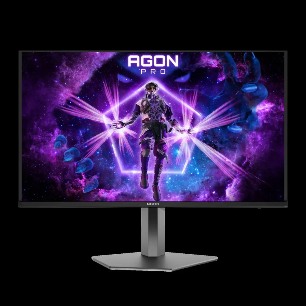 A monitor displaying a vibrant sci-fi character with energy beams, under the logo 'AGON PRO'.