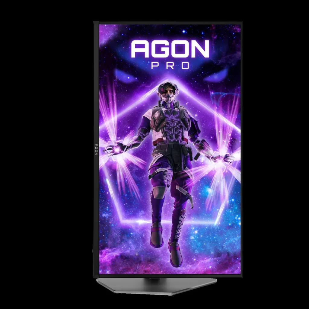 A vibrant display showing an 'AGON PRO' logo above a sci-fi character in purple armor and glowing energy, set against a cosmic background.