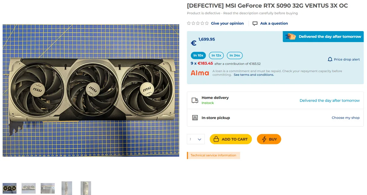 The image shows an MSI GeForce RTX 5090 32G VENTUS 3X OC graphics card labeled as'DEFECTIVE,' with a price of €1,699.95 displayed on an online store page.