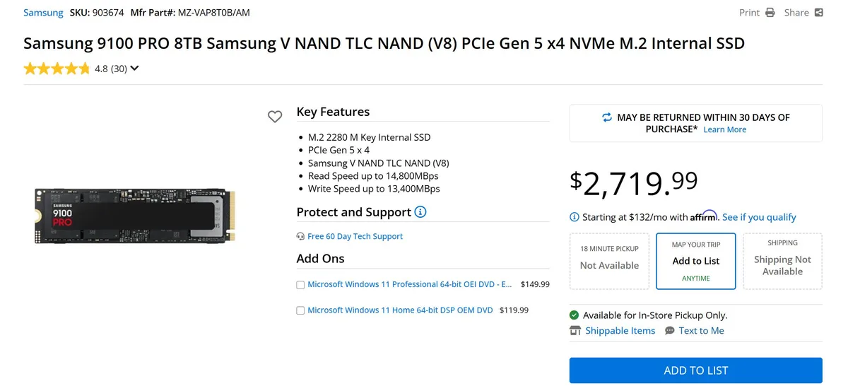 Samsung 9100 PRO 8TB NVMe M.2 Internal SSD with PCIe Gen 5 x4 and V NAND TLC (V8) is listed with a price of $2,719.99 and features including read speed up to 14,800MBps and write speed up to 13,400MBps.