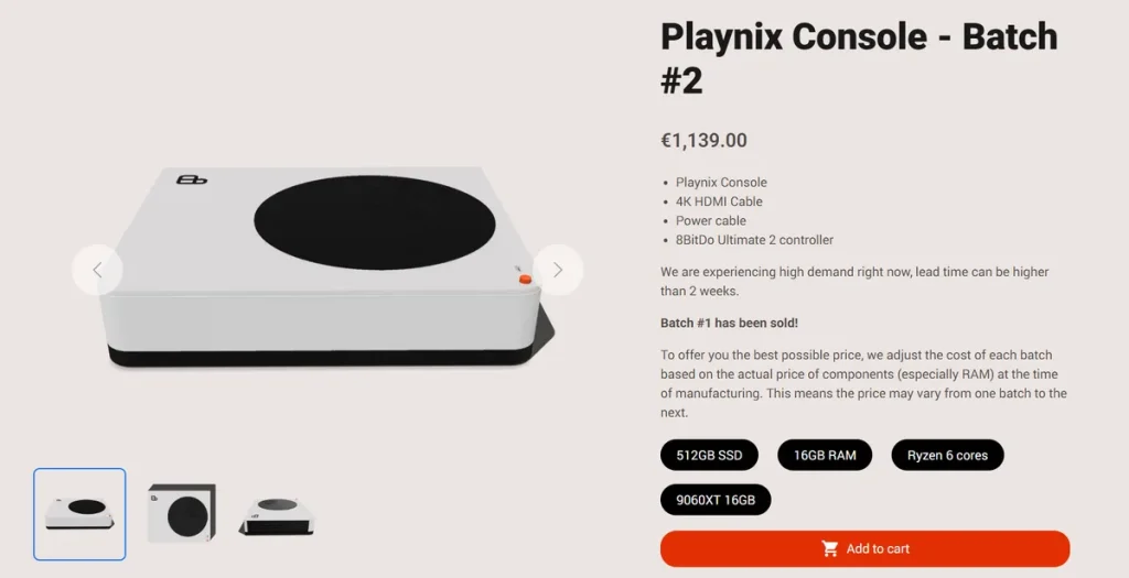 The image features the Playnix Console - Batch #2 priced at €1,139 with specifications of'512GB SSD,''16GB RAM,' and'Ryzen 6 cores,' including accessories such as a 4K HDMI cable and 8BitDo Ultimate 2 controller.