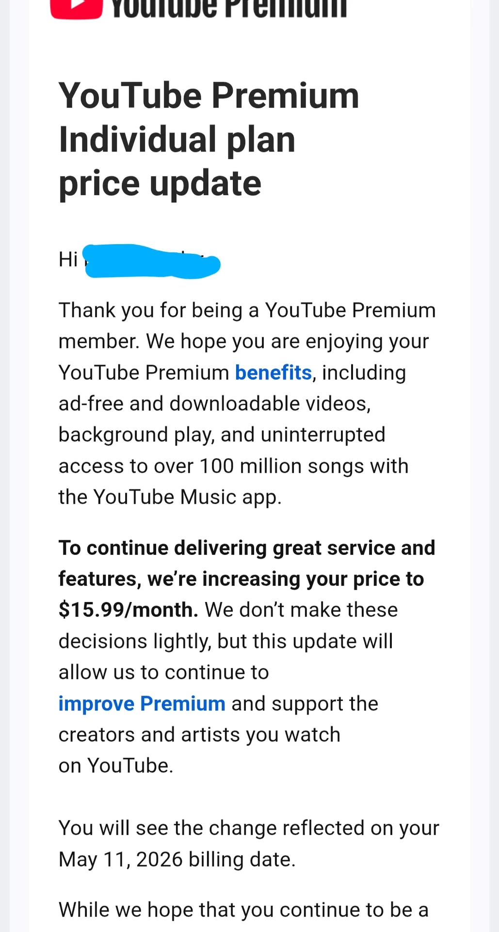 YouTube Premium US price increase