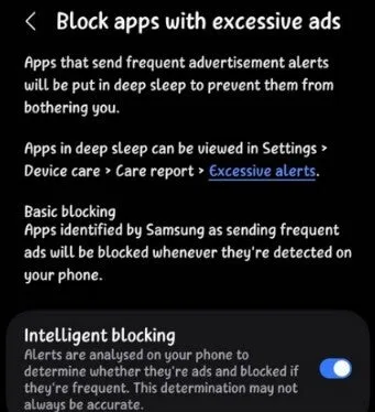 Settings menu for Device Care.