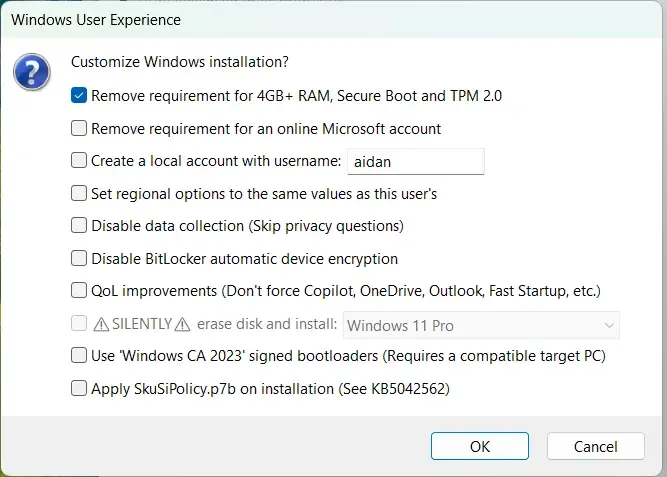 rufus WUE options after update version 4 14