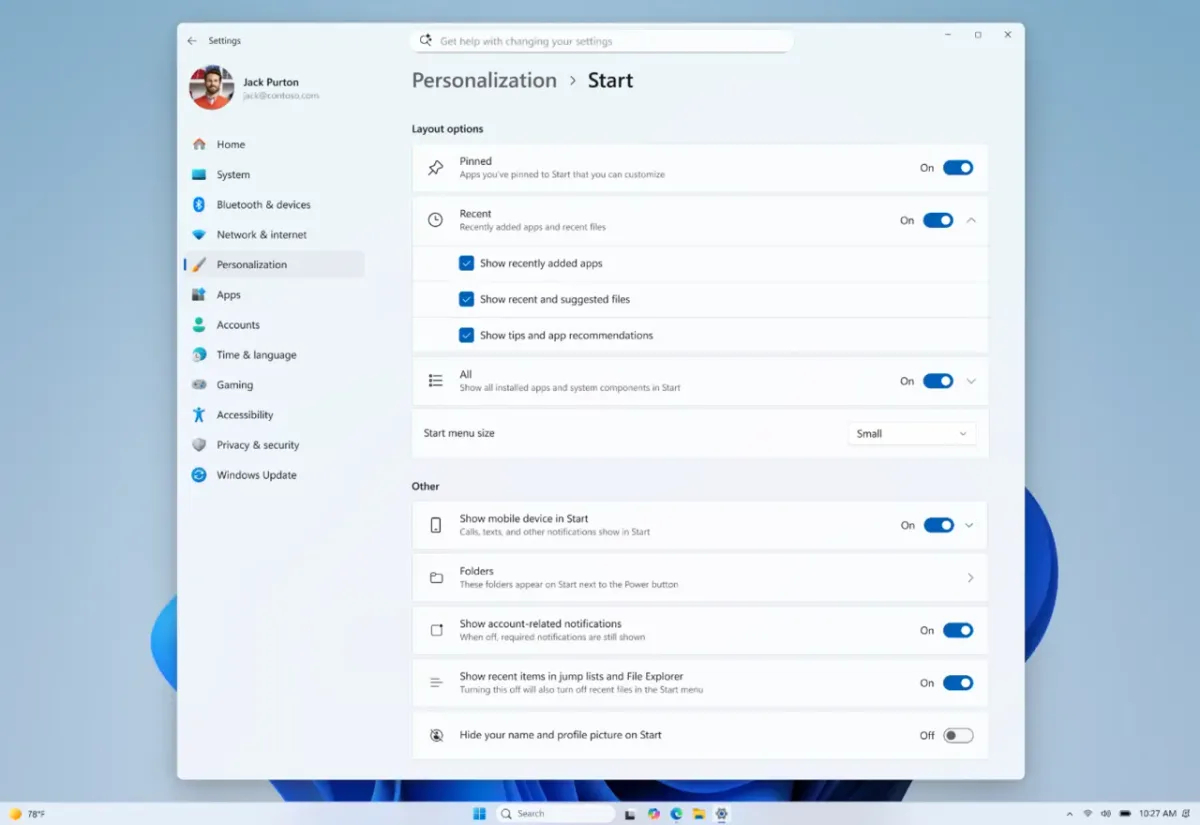 THe updated Start menu settings in Windows 11