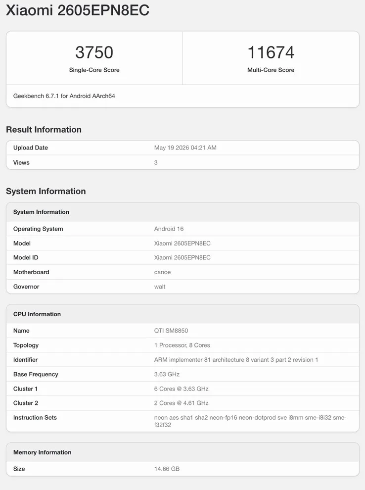 Geekbench listing of the alleged Xiaomi 17 Max.