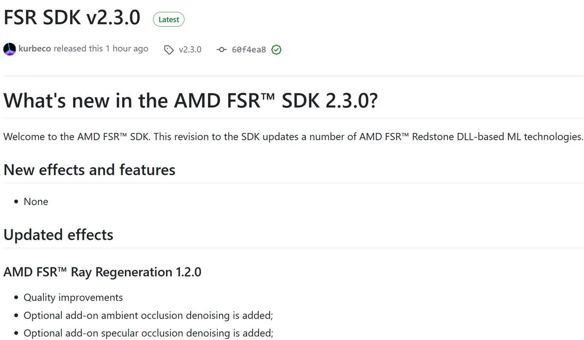 AMD releases FSR SDK 2.3 with Ray Regeneration 1.2.0 and FSR 4.1.1 for Radeon RX 7000