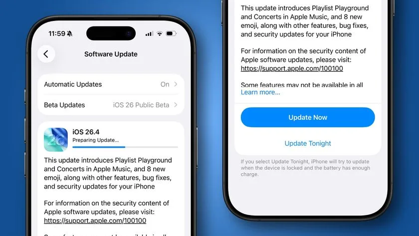 Two iPhone 16 Pro phones running iOS 26.4 against a blue background.