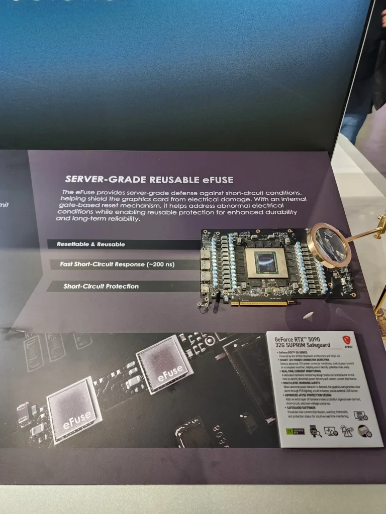 A display features an MSI graphics card with a description of its 'server-grade reusable eFuse' technology, alongside a label for the 'GeForce RTX™ 5090 32G SUPRIM Safeguard.'