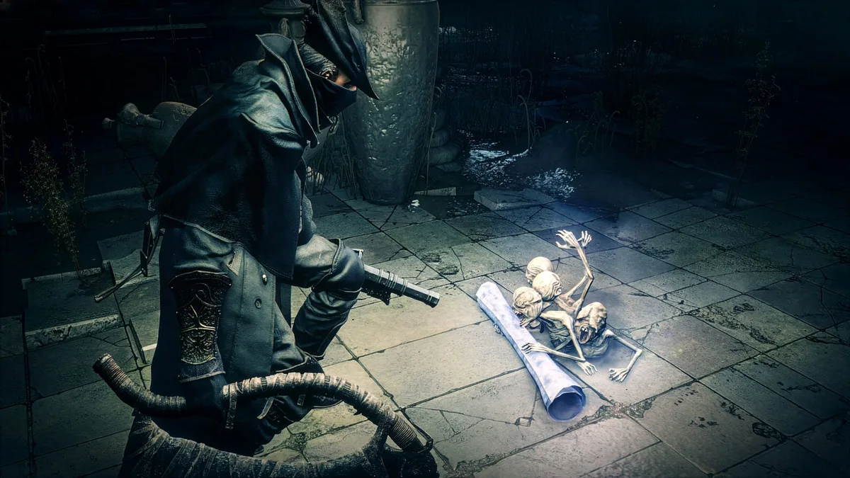 A hunter character in the game Bloodborne confronts a group of small creatures in a dimly lit, tiled area.