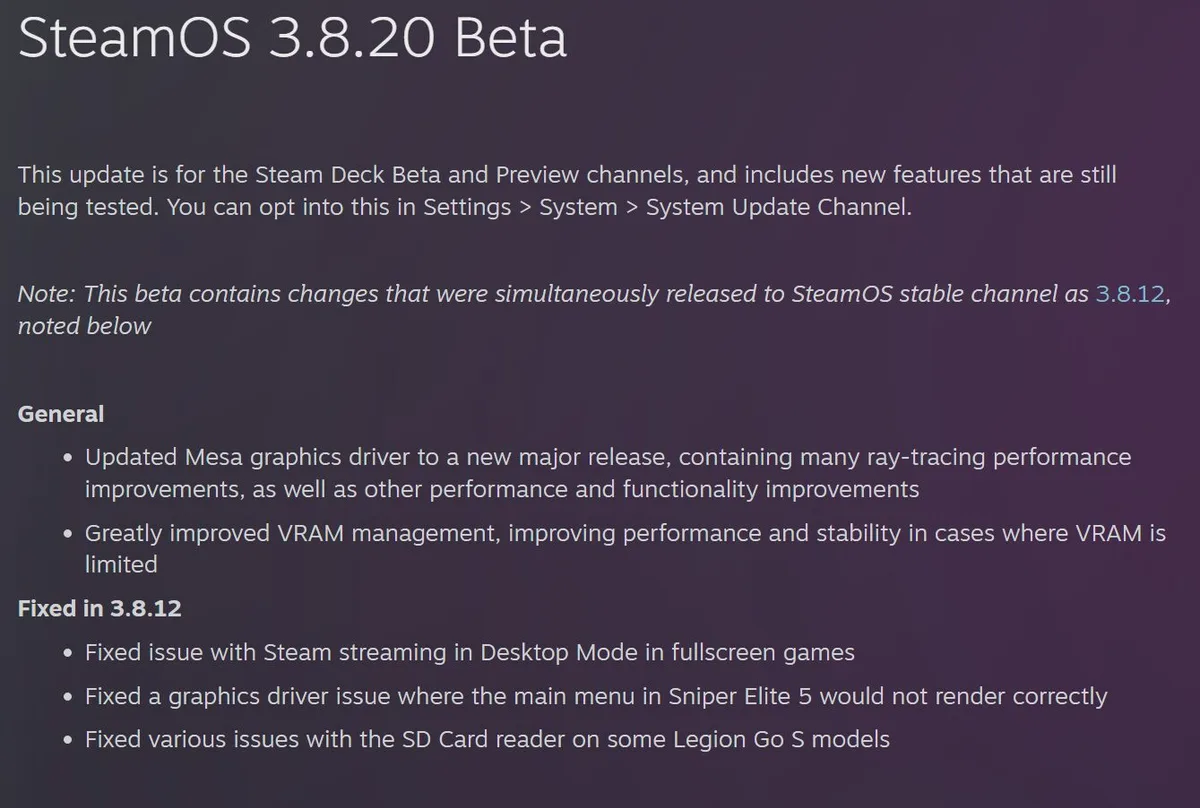 SteamOS 3.8.20 Beta improves VRAM handling and updates Mesa graphics driver