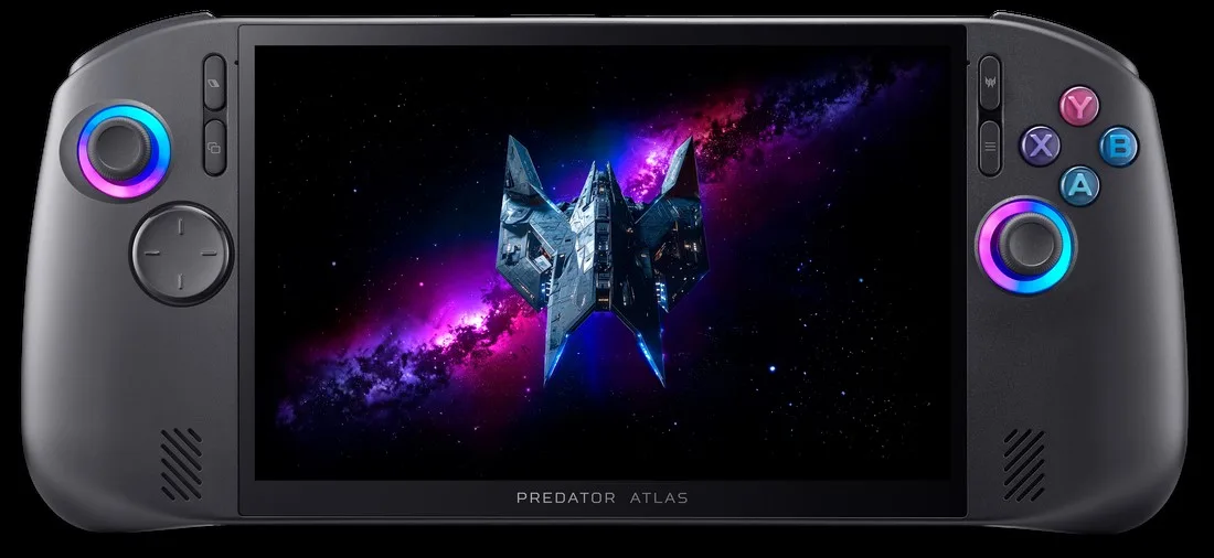 Acer Predator Atlas 8 — An Acer Predator Atlas handheld console displays a spaceship in a colorful galaxy setting on its screen.