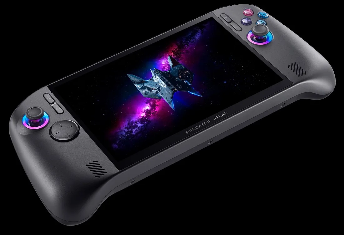 The Acer Predator Atlas handheld gaming console displays a spaceship on its screen.