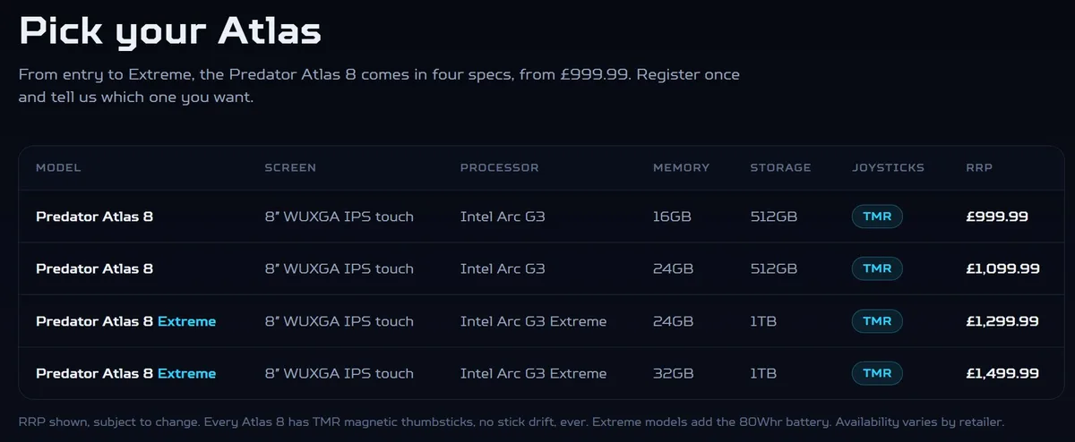 A product comparison table for the Predator Atlas 8 series shows four models with 8 WUXGA IPS touch screens, Intel Arc G3 processors, varying memory and storage capacities from 16GB/512GB to 32GB/1TB, and prices ranging from £999.99 to £1,499.99.