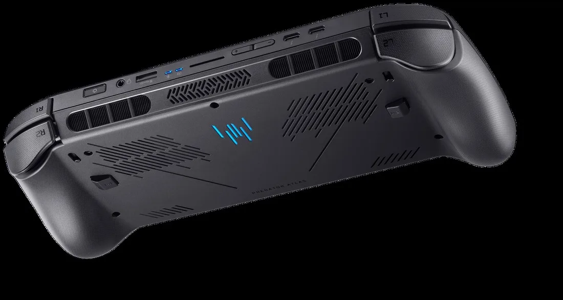 The underside of an Acer Predator handheld gaming device with visible air vents, control buttons labeled'R1' and'L1', and the text'Predator Atlas'.
