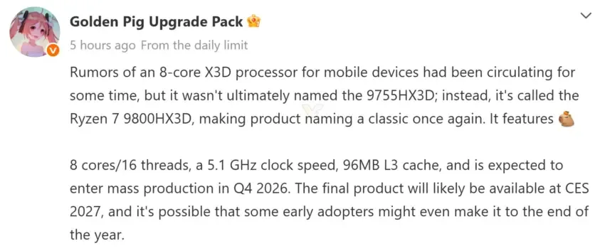 AMD 9800HX3D gaming laptop — AMD preparing 8-core Ryzen 7 9800HX3D gaming laptop CPU for CES 2027 reveal