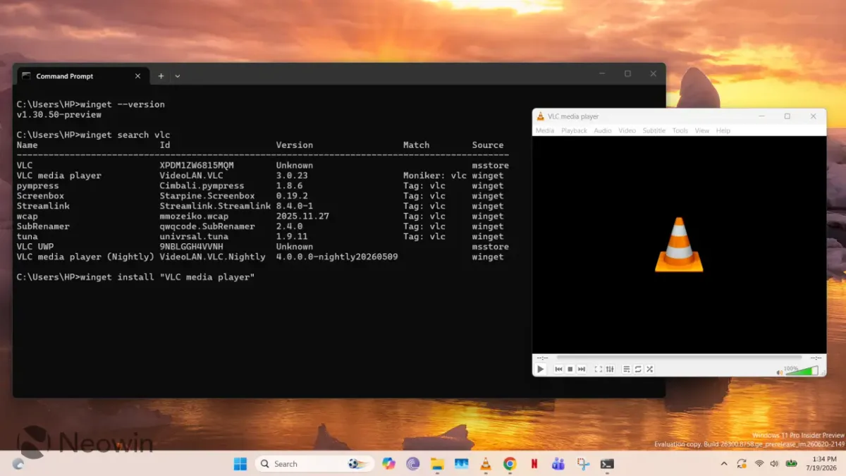Winget running in Command Prompt with VLC open on the side in Windows 11