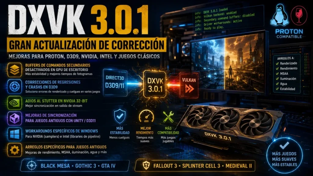DXVK 3.0.1 corta fallos en juegos Direct3D antiguos y Proton