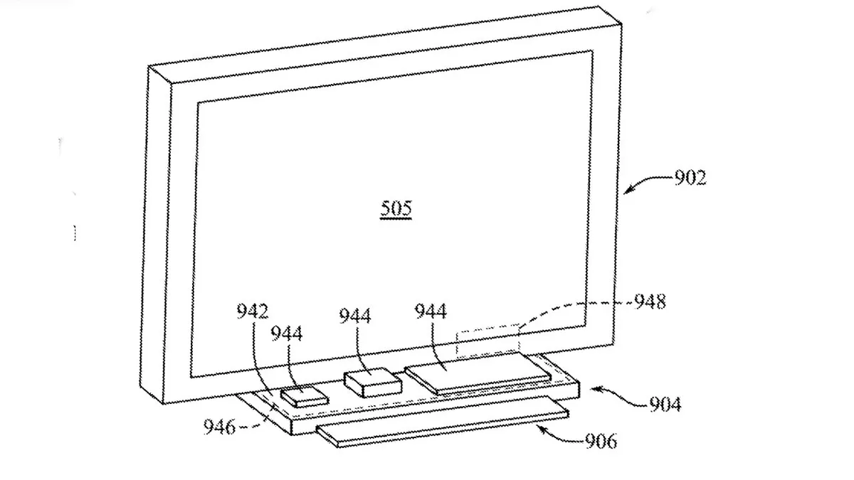 iMac — Diagram of a flat-panel monitor on a stand with several labeled rectangular components beneath the screen, representing electronic modules or devices connected to the display