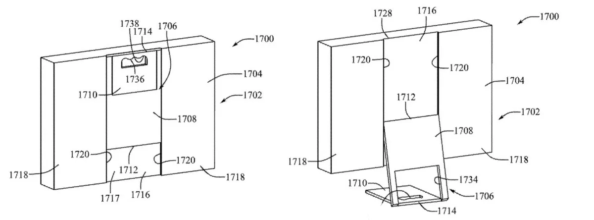 Two technical diagrams of a rectangular device showing front and rear views, labeled parts, and a fold-out support stand extending from the back panel for propping the device upright