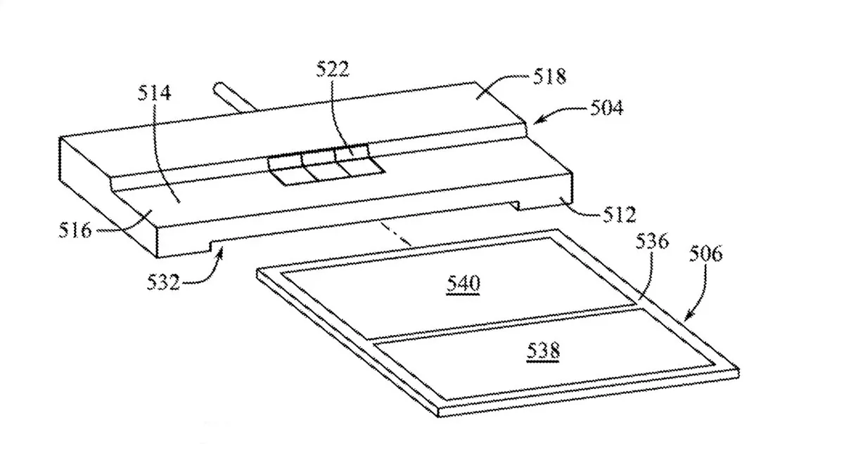 Technical drawing of a rectangular electronic device with a hinged cover and cable, shown above a separate flat rectangular panel divided into two labeled sections 538 and 540